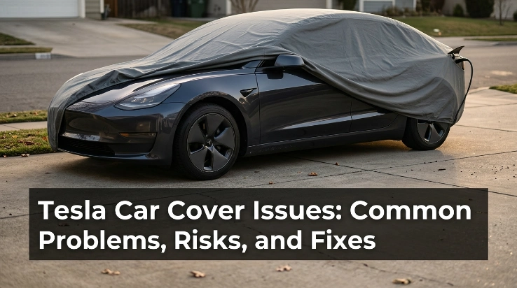 Covered Tesla charging with fitted charge-port opening and ventilated fabric around the vehicle