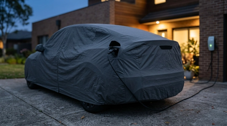 Covered Tesla charging with fitted charge-port opening and ventilated fabric around the vehicle