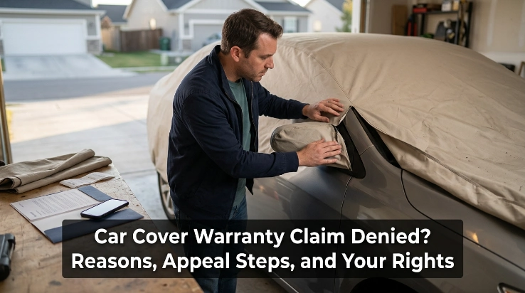 Car cover warranty claim denied scene with worn fabric, damaged seam, receipt, and owner inspection.