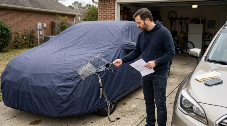 Car cover warranty claim denied scene with worn fabric, damaged seam, receipt, and owner inspection.