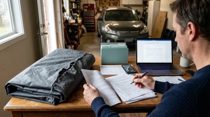 Owner organizing evidence to appeal a car cover warranty claim denied decision.