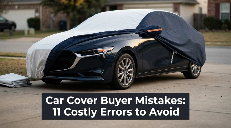 Car cover buyer mistakes include loose oversized fabric and tight material around a sedan mirror