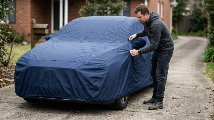 Car cover buyer mistakes include loose oversized fabric and tight material around a sedan mirror