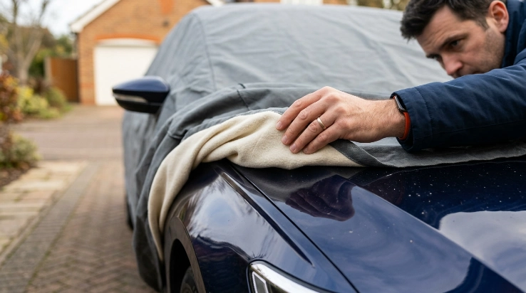 Car cover buyer mistakes shown with dust trapped between soft cover fabric and glossy car paint
