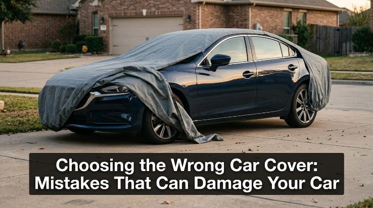 Indoor garage car cover compared with outdoor weather cover on two parked vehicles.
