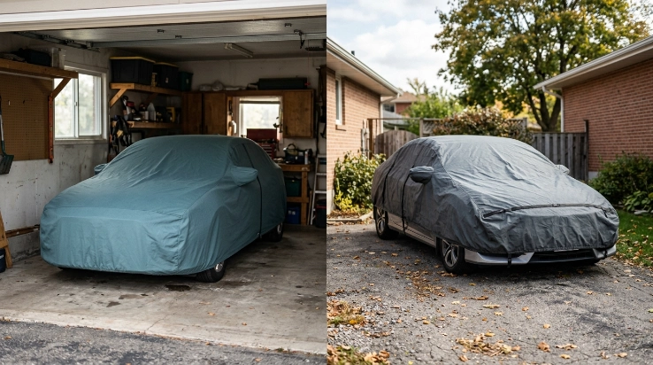 Indoor garage car cover compared with outdoor weather cover on two parked vehicles.
