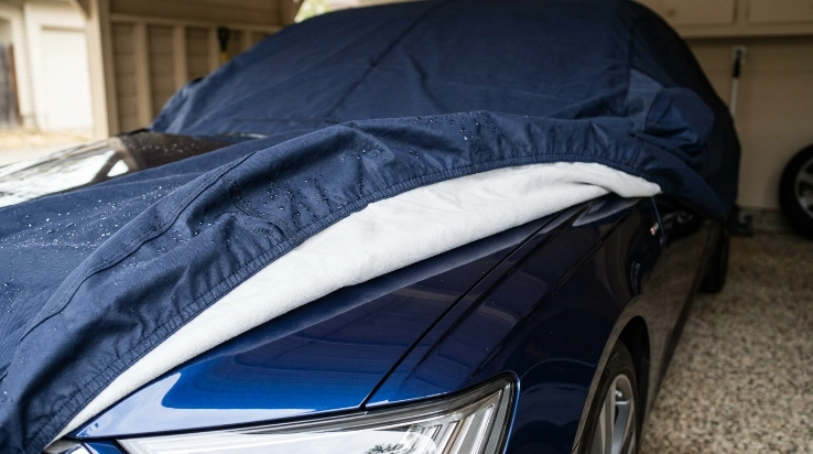 Close-up of car cover material showing weather-resistant outer fabric and soft inner lining.