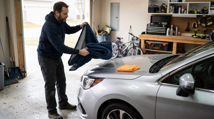 Owner lifting a clean car cover from paint to prevent scratches from trapped dirt and fabric movement.