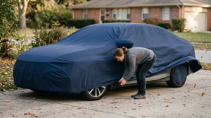 Owner securing a correctly centered car cover with its intended strap on a windy driveway.