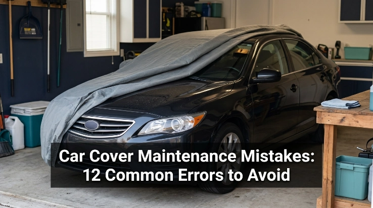 Car owner gently washing a car cover while avoiding harsh cleaners and aggressive scrubbing
