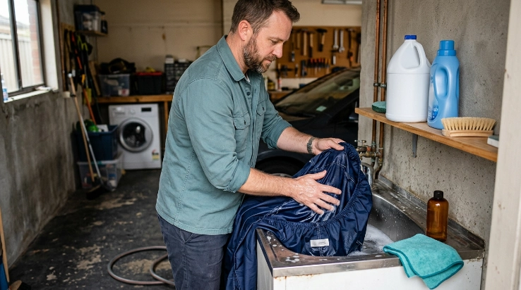 Car owner gently washing a car cover while avoiding harsh cleaners and aggressive scrubbing