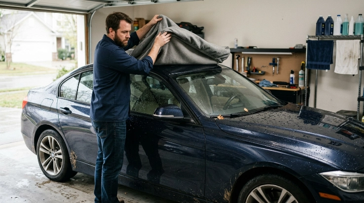 Driver pauses before covering a wet and dusty sedan to prevent trapped grit and moisture