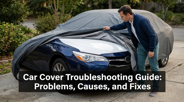 Owner re-centering a loose car cover and checking elastic hems and fastening straps