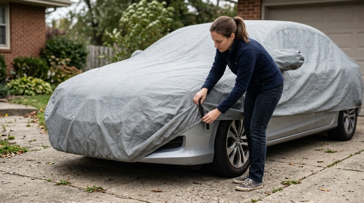 Owner re-centering a loose car cover and checking elastic hems and fastening straps