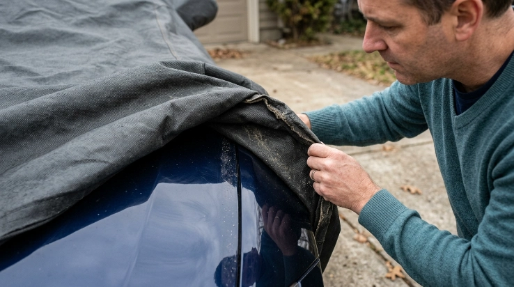 Fine grit trapped beneath a car cover near a fender while paint is inspected for scratches