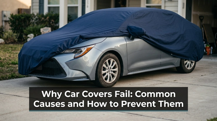 Grit beneath a loose car cover rubbing against sedan paint and causing fine scratches