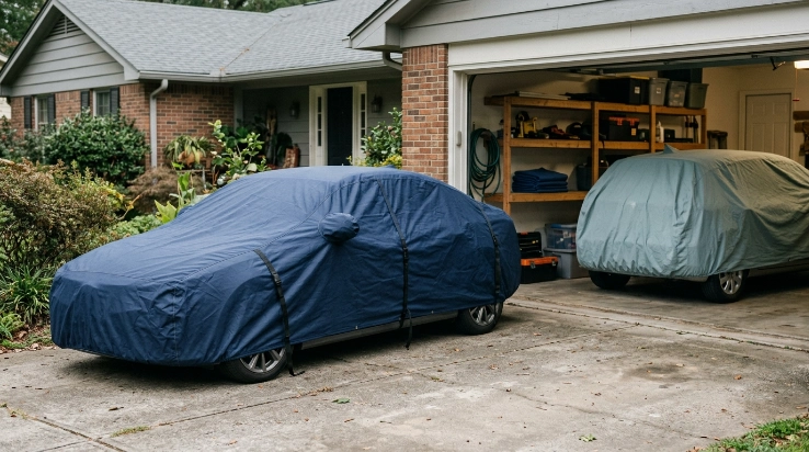 Indoor and outdoor car covers shown in the storage environments each is designed to handle