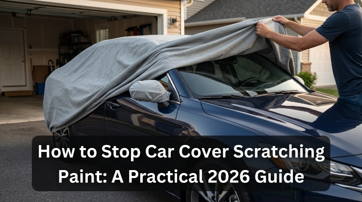 Dust trapped under a moving car cover causing fine scratches on glossy paint
