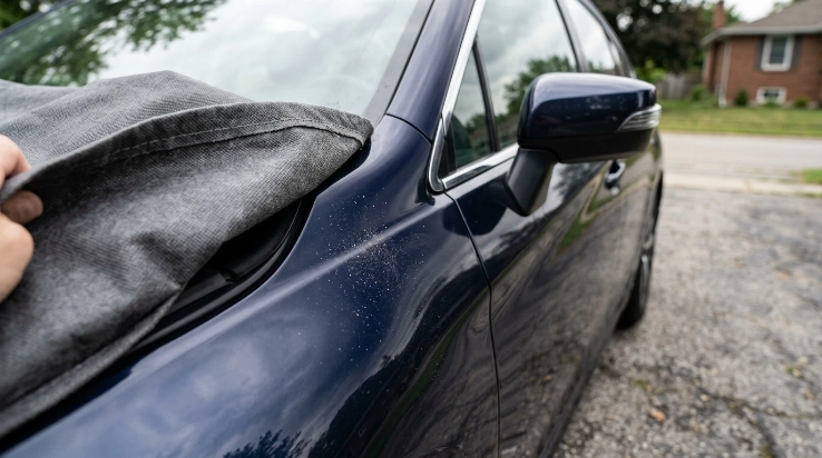 Dust trapped under a moving car cover causing fine scratches on glossy paint