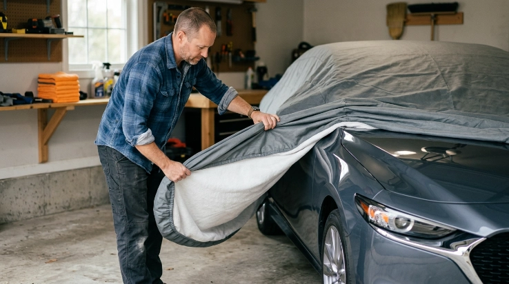 Car owner lifting and folding a cover without dragging it across vehicle paint