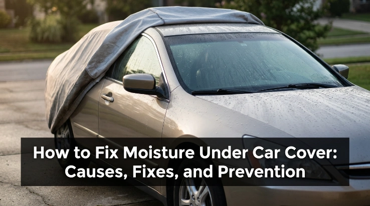 Driver learning how to fix moisture under car cover by drying car and cover.