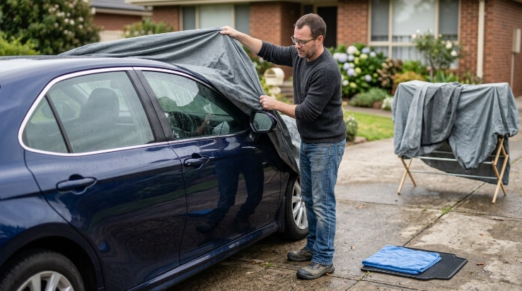 Driver learning how to fix moisture under car cover by drying car and cover.