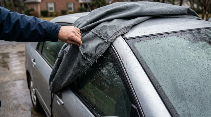 Condensation droplets versus localized cover leakage while checking moisture under a car cover.