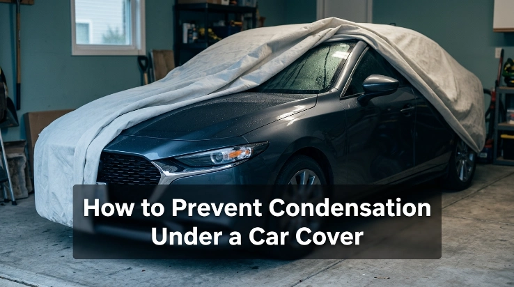 Driver drying mirror and weatherstripping before installing a breathable car cover.