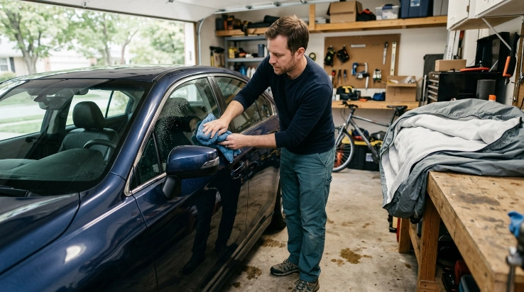 Driver drying mirror and weatherstripping before installing a breathable car cover.