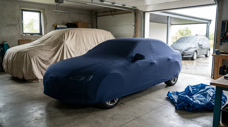 Breathable fitted car cover compared visually with plastic tarp and oversized loose cover.