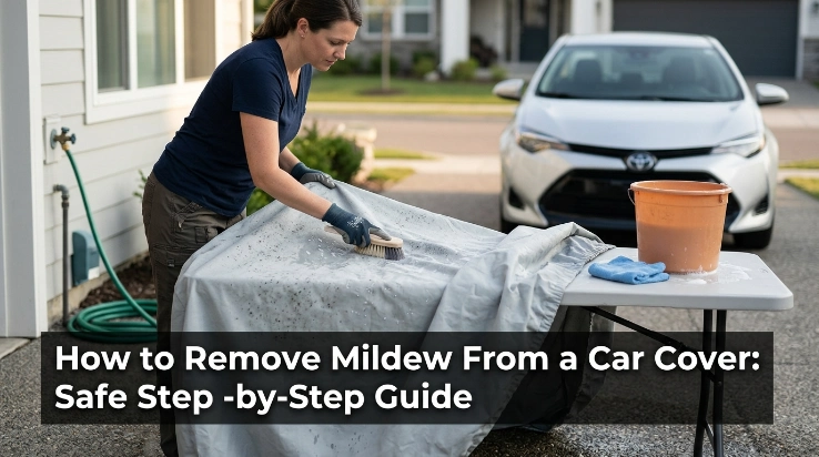 Owner learning how to remove mildew from car cover using gentle cleaning and thorough drying