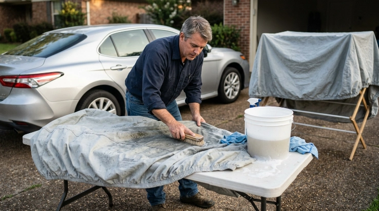 Owner gently washing mildew from a car cover before rinsing and fully air drying it