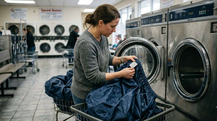Owner checking a car cover care label beside a large front-loading washing machine