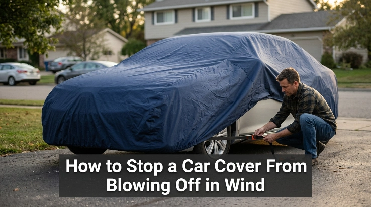Owner securing a fitted car cover with an underbody strap to stop it blowing off