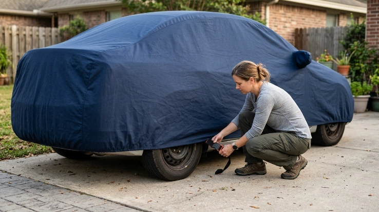 Driver fastening an underbody strap on a centered fitted car cover with secure elastic hems