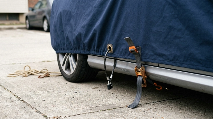 Car cover secured with underbody and gust straps beside a reinforced grommet and coated cable