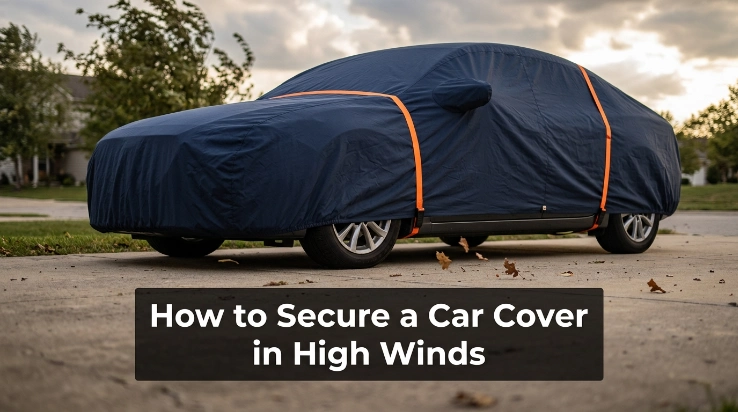 Car secured with wind straps showing how to secure a car cover in high winds