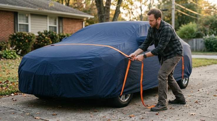 Owner tightening wind straps over a fitted car cover on an outdoor sedan