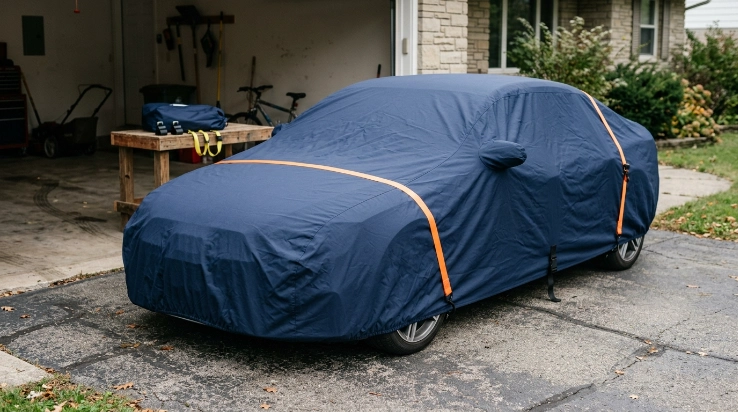 Fitted car cover showing elastic hem, center restraint, wind straps, and securing clips