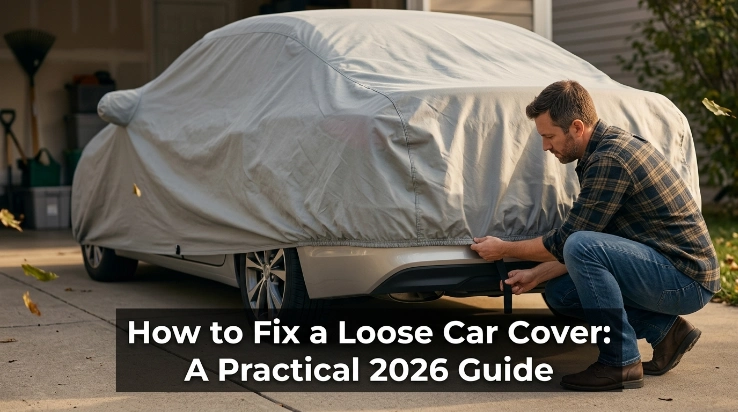 Driver learning how to fix a loose car cover by tightening the hem and retention straps