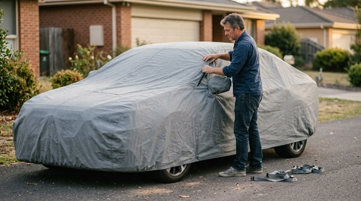 Owner centering a loose car cover before seating the elastic hems and securing retention straps