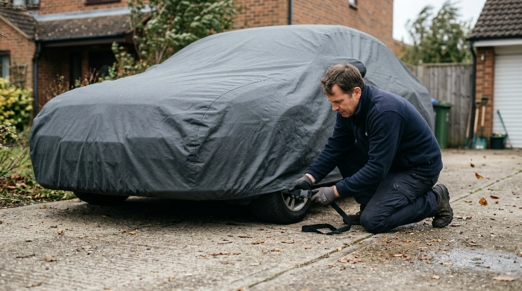 Driver securing a loose car cover in wind with a purpose-made retention strap beneath the vehicle