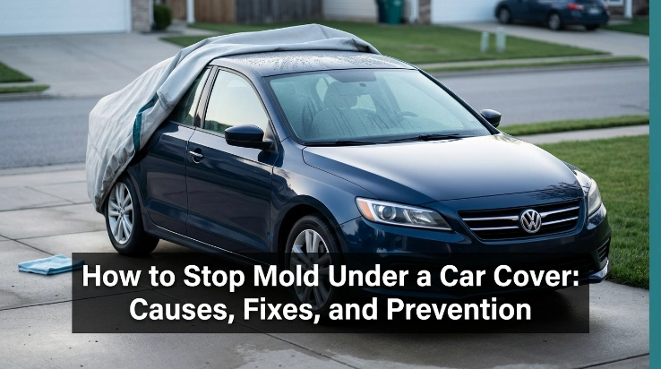 Damp car beneath a cover showing how to stop mold under car cover.