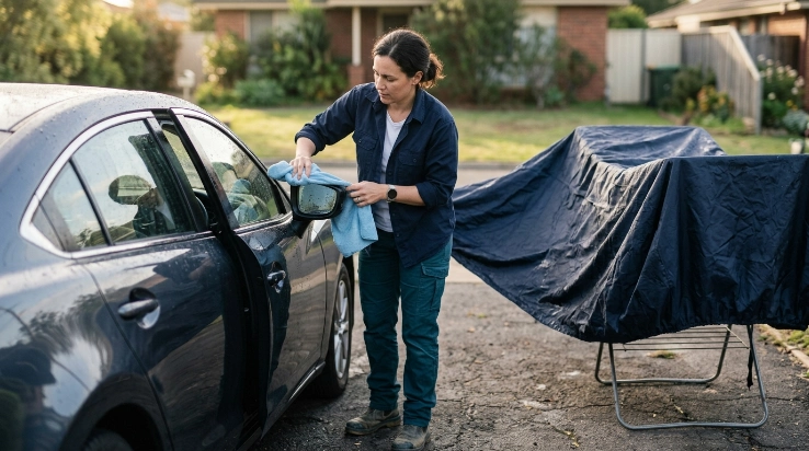 Owner removes damp car cover and dries mirrors, trim and paint with microfiber towel.