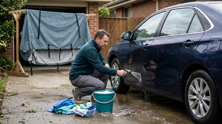 Owner safely washes vehicle while damp car cover dries separately on a rack.