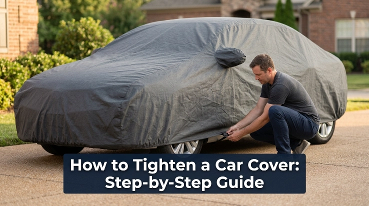 Driver tightening a car cover strap correctly on a covered sedan in a driveway