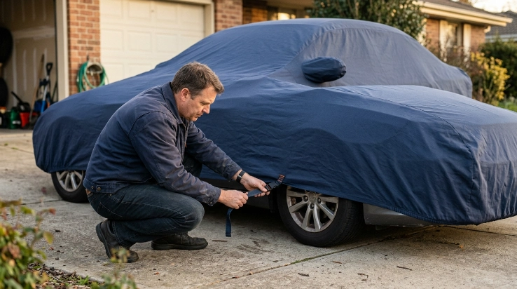Driver gradually tightening a centered car cover strap after securing front and rear hems