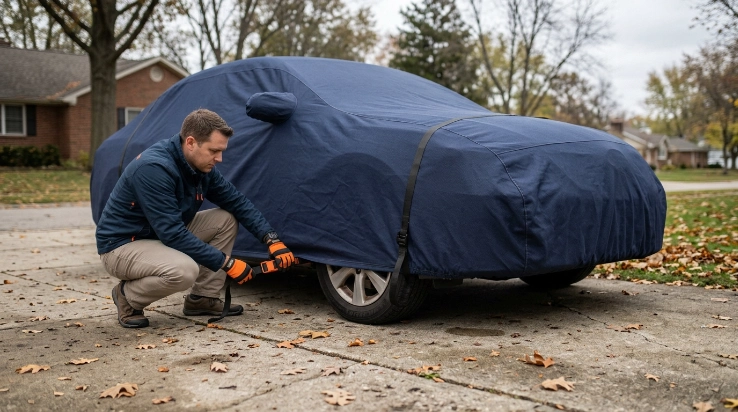 Driver securing a car cover strap while wind slightly lifts one loose corner
