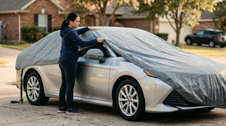 Driver centers a fitted cover and secures straps to stop car cover flapping