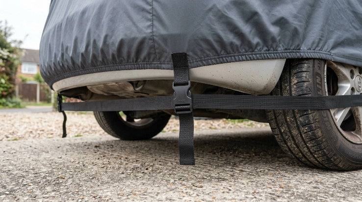 Underbody strap and elastic bumper hem securing a fitted car cover against wind
